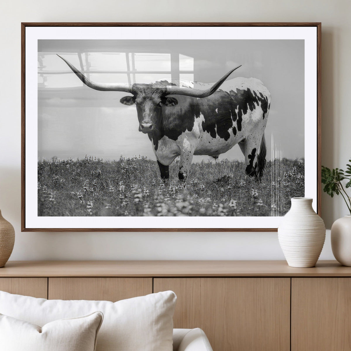 Texas Black White Highland Longhorn Cow Wall Art Canvas