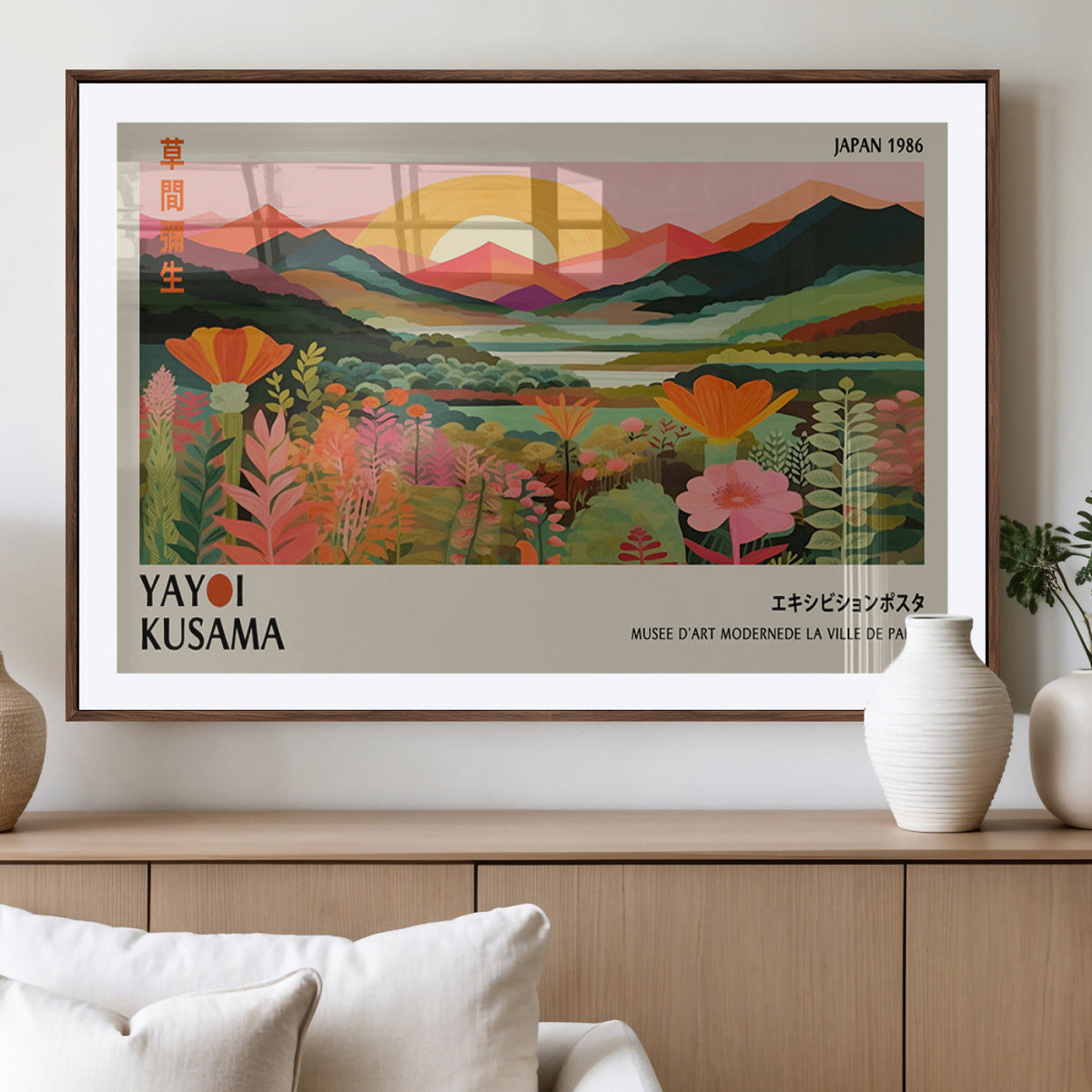 Framed Yayoi Kusama Print, Vibrant Floral Mountain Art