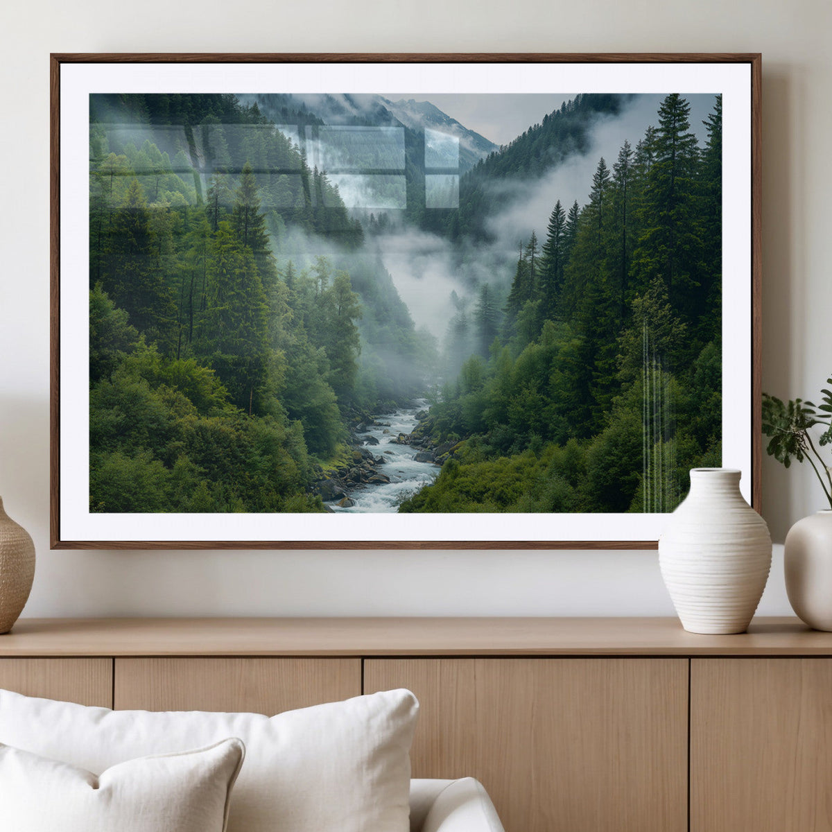 Mountain Forest River Canvas Wall Art Print - Serene Nature