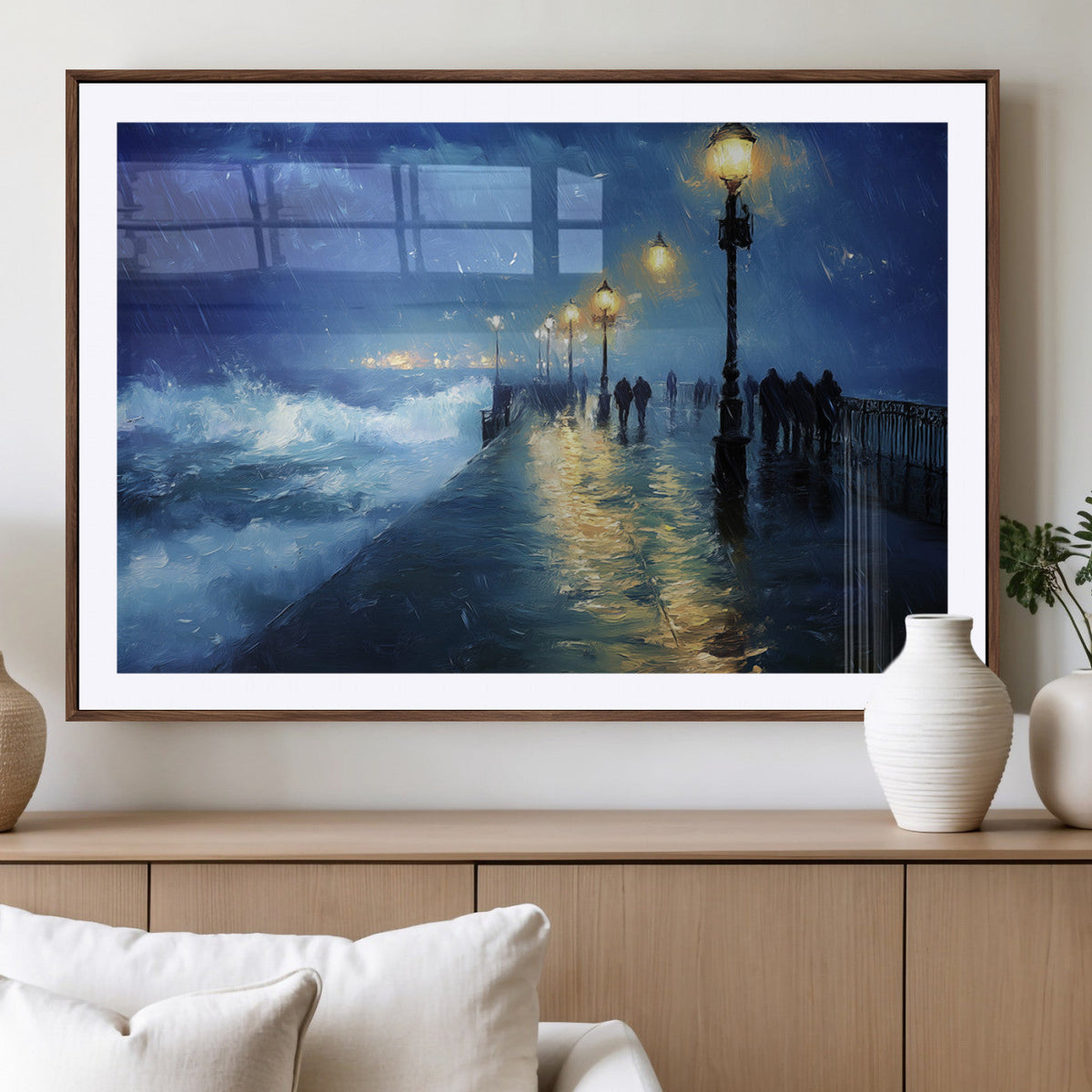 Storm Ocean Pier Canvas Wall Art Print - Large Moody Night