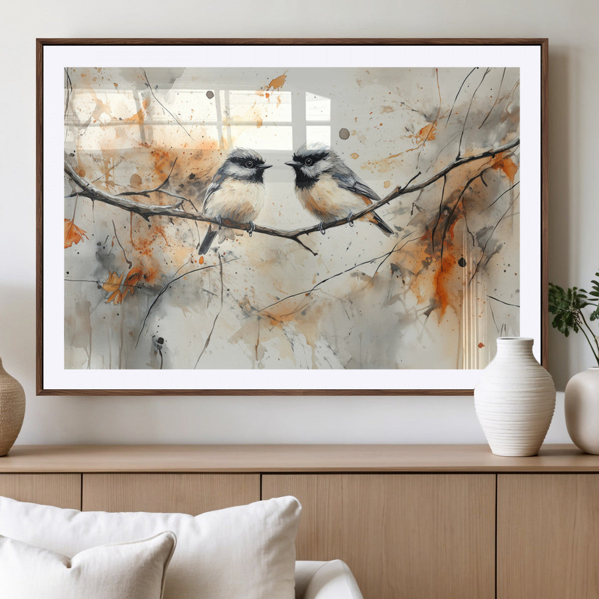 Abstract Watercolor Chickadee Bird Canvas Wall Art Print -