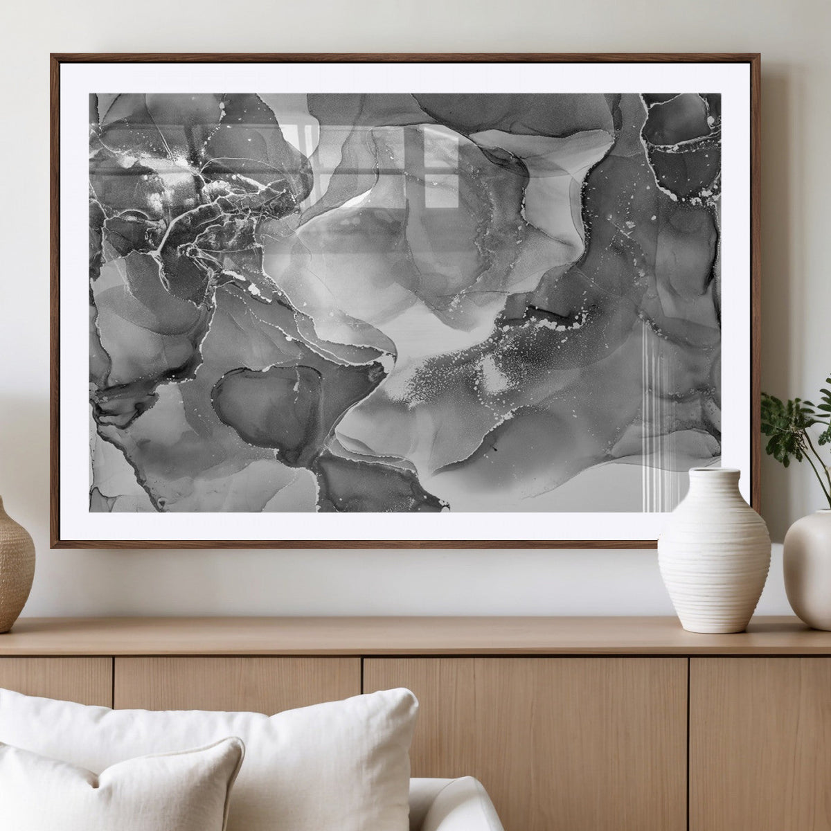 Black White Abstract Canvas Wall Art - Fluid Ink Artwork -