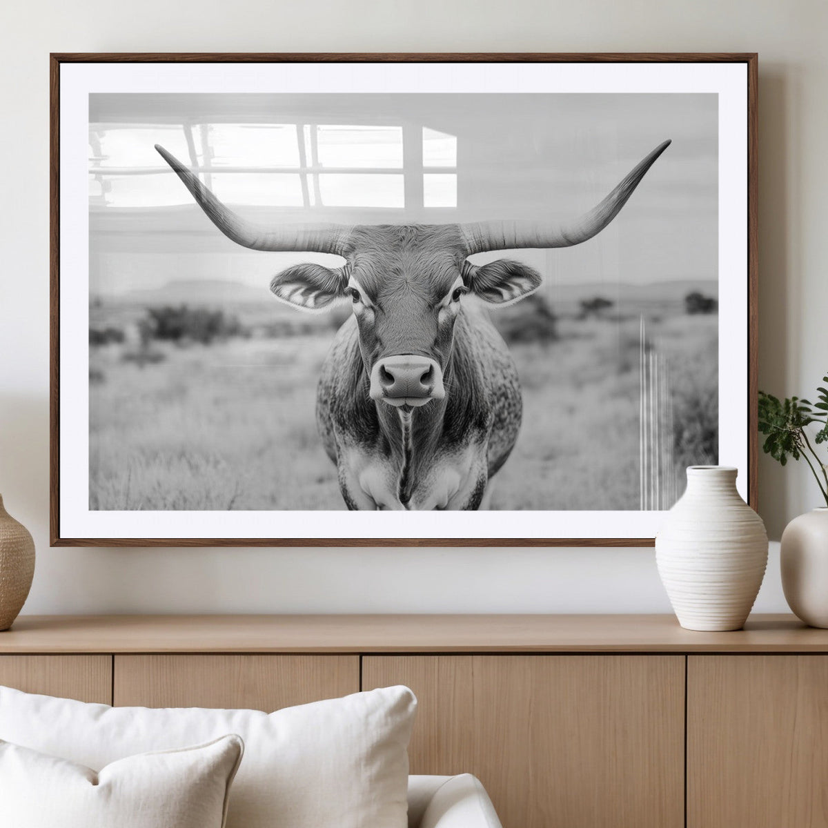 Highland Cow Wall Art Canvas Print – Black and White Western