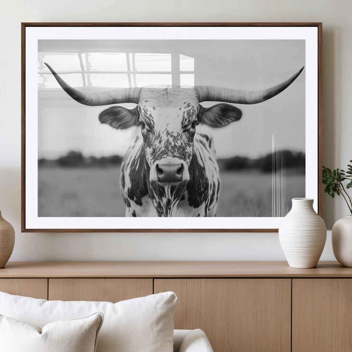 Highland Cow Wall Art Canvas Print – Black and White Western