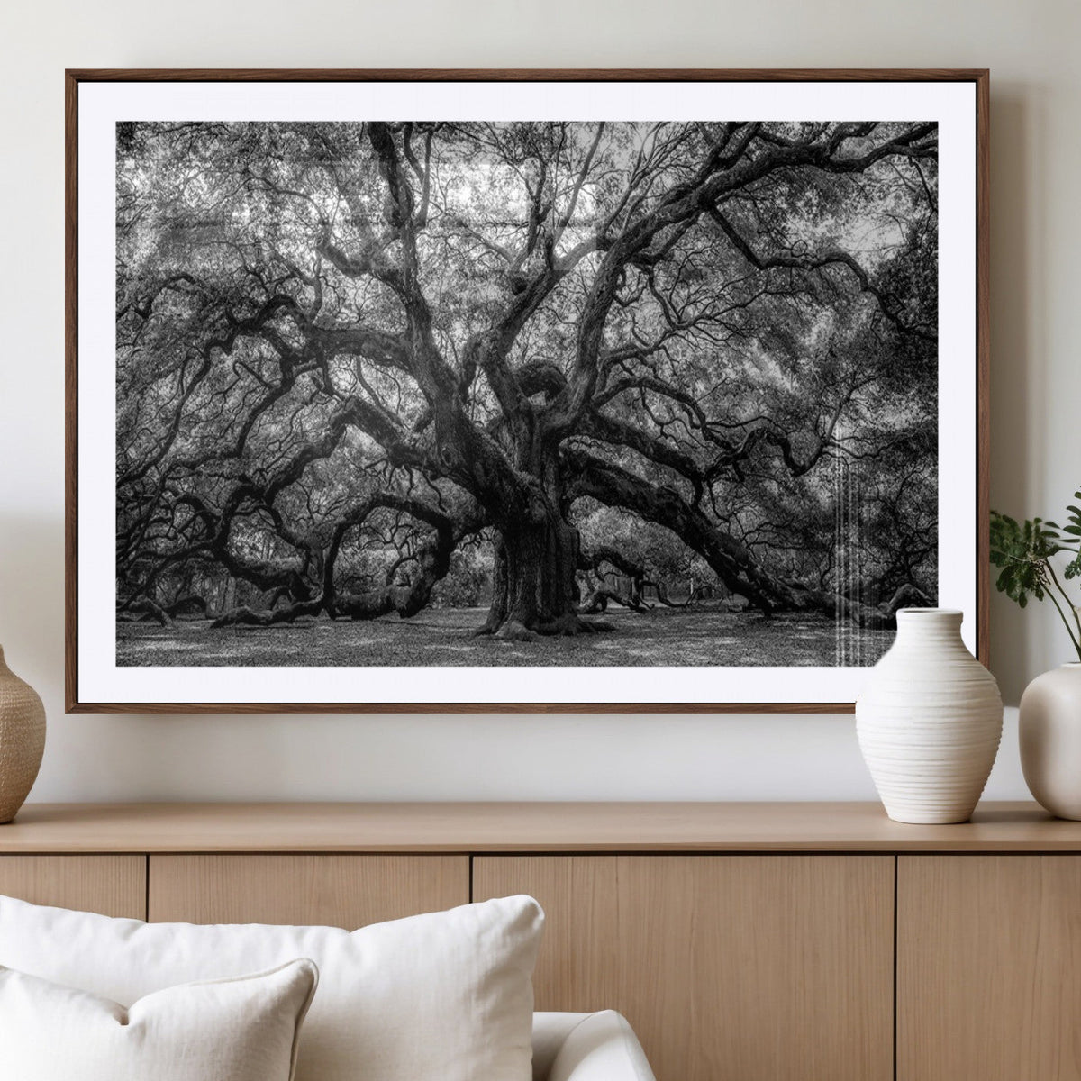 Black and White Old Angel Oak Tree Wall Art Canvas Print