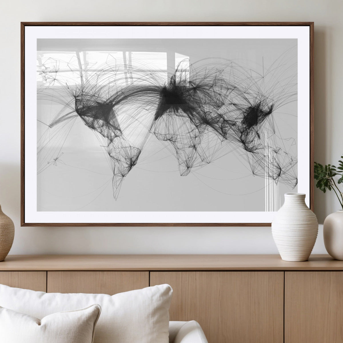 Flight Routes Air Traffic Map Canvas Wall Art - Framed -