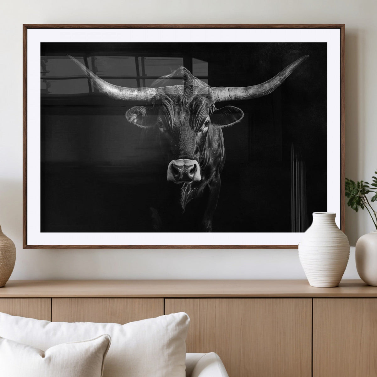 Texas Longhorn Wall Art Canvas Print – Framed Monochrome