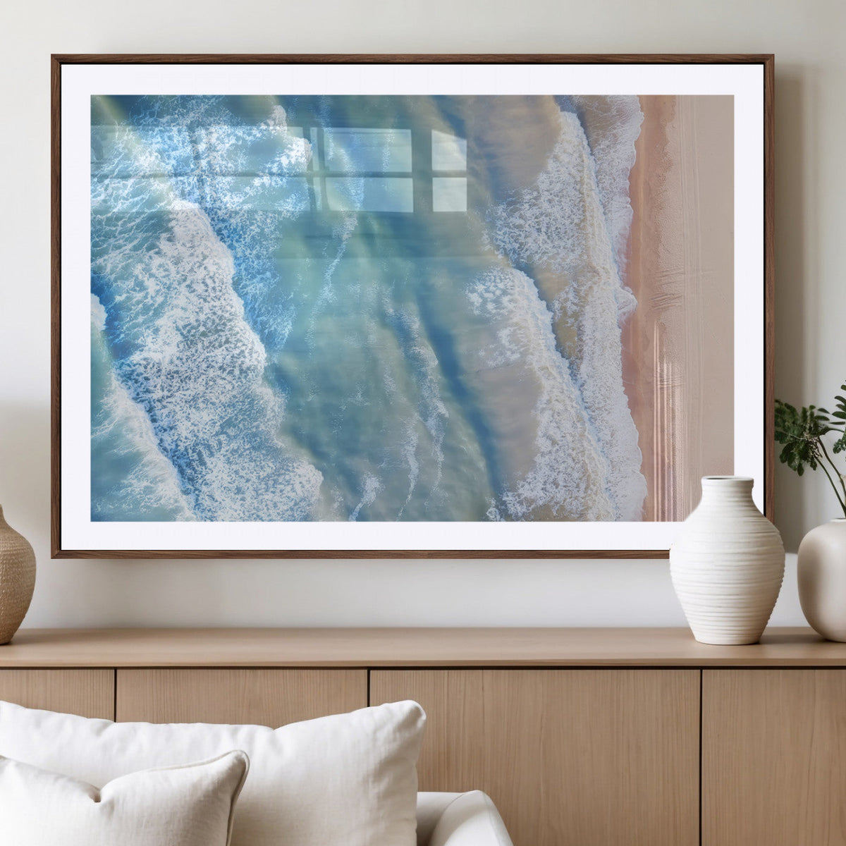 Aerial Ocean View Wall Art Canvas Print – Framed Soft Blue