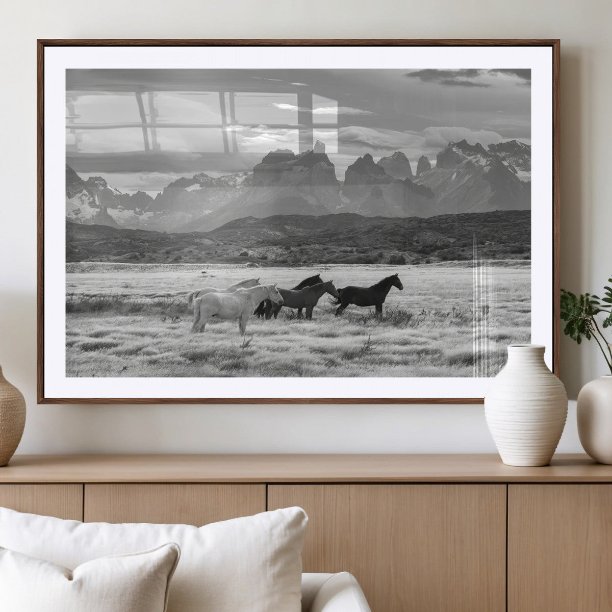 Wild Horses Wall Art Canvas Print – Framed Black and White