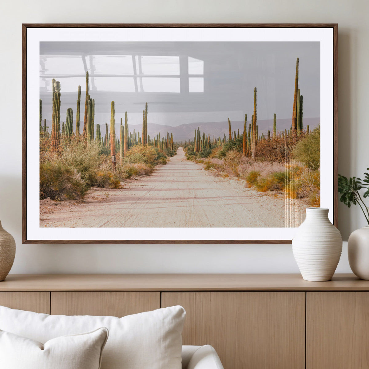 Desert Cactus Lined Road Wall Art Canvas Print – Framed