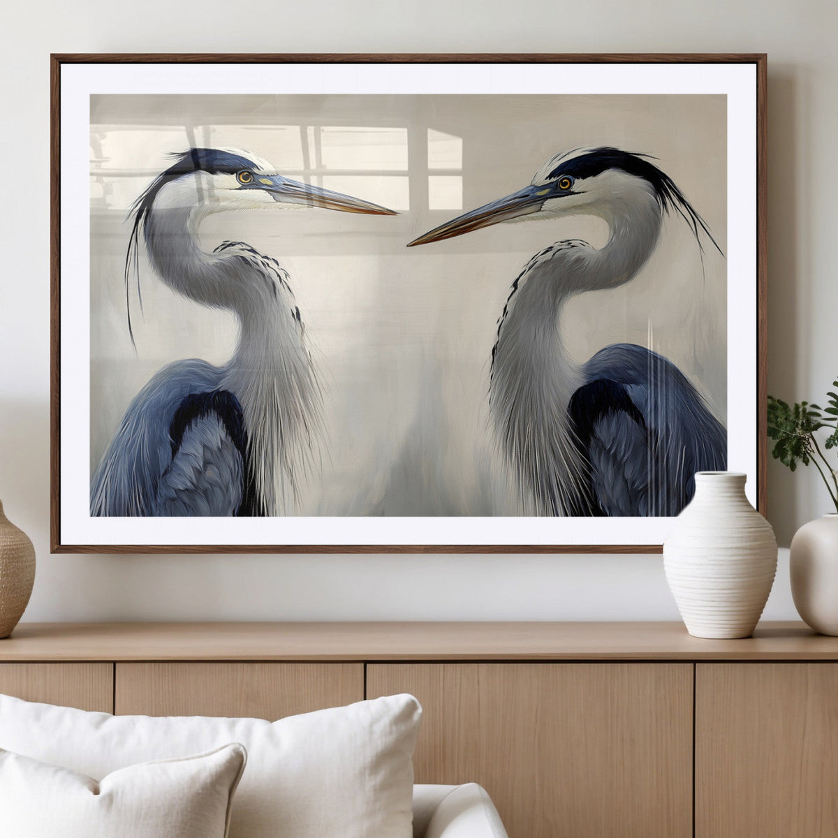 Blue Heron Pair Wall Art Canvas Print, Framed Coastal Bird