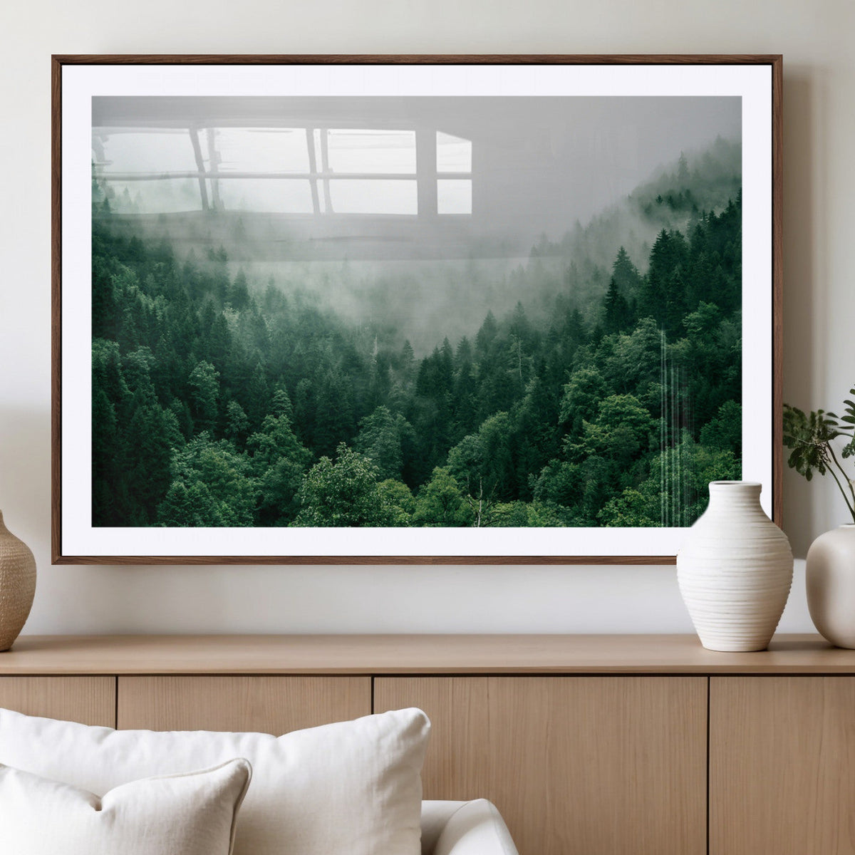 Misty Green Forest Canvas Print – Framed Serene Foggy Pine