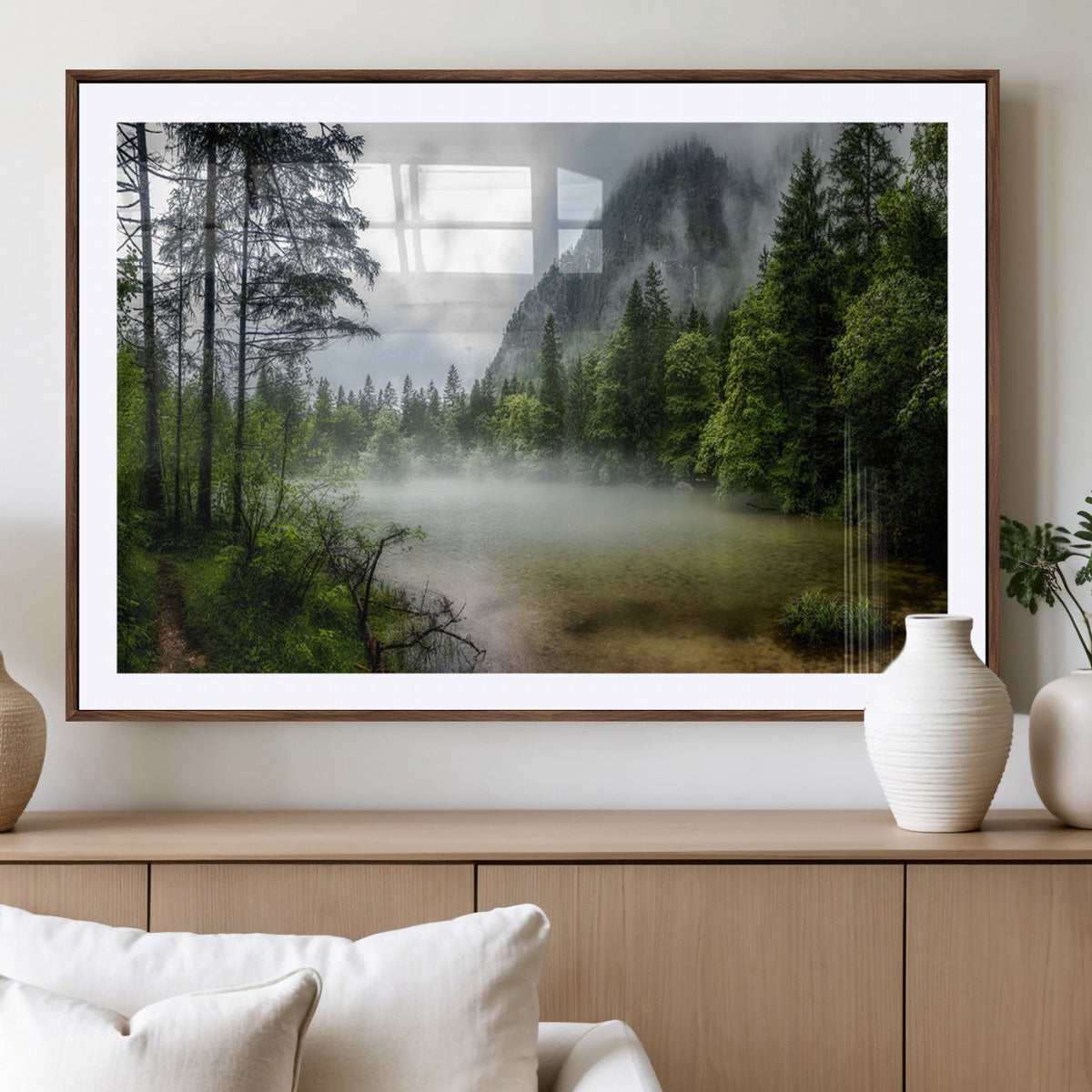 Misty Lake Forest Wall Art – Green Trees Calm Water