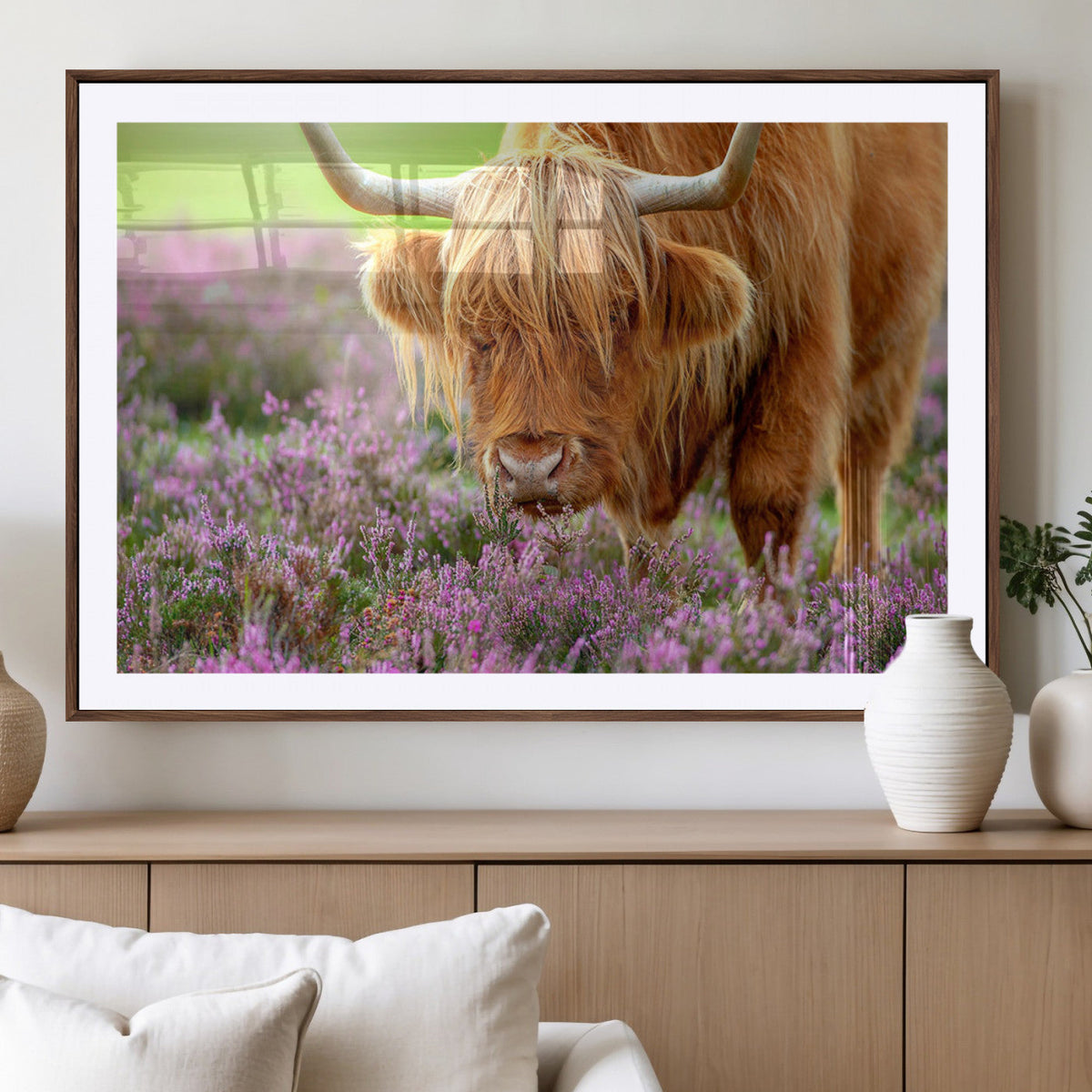 Highland Cow Wall Art – Purple Flowers Pasture Scenic