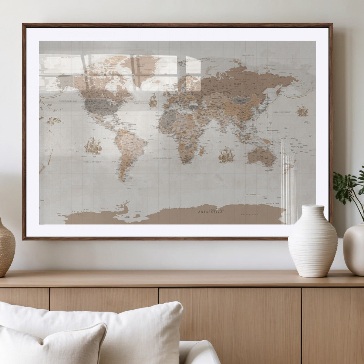Framed Large World Map Canvas Print for Office Decor