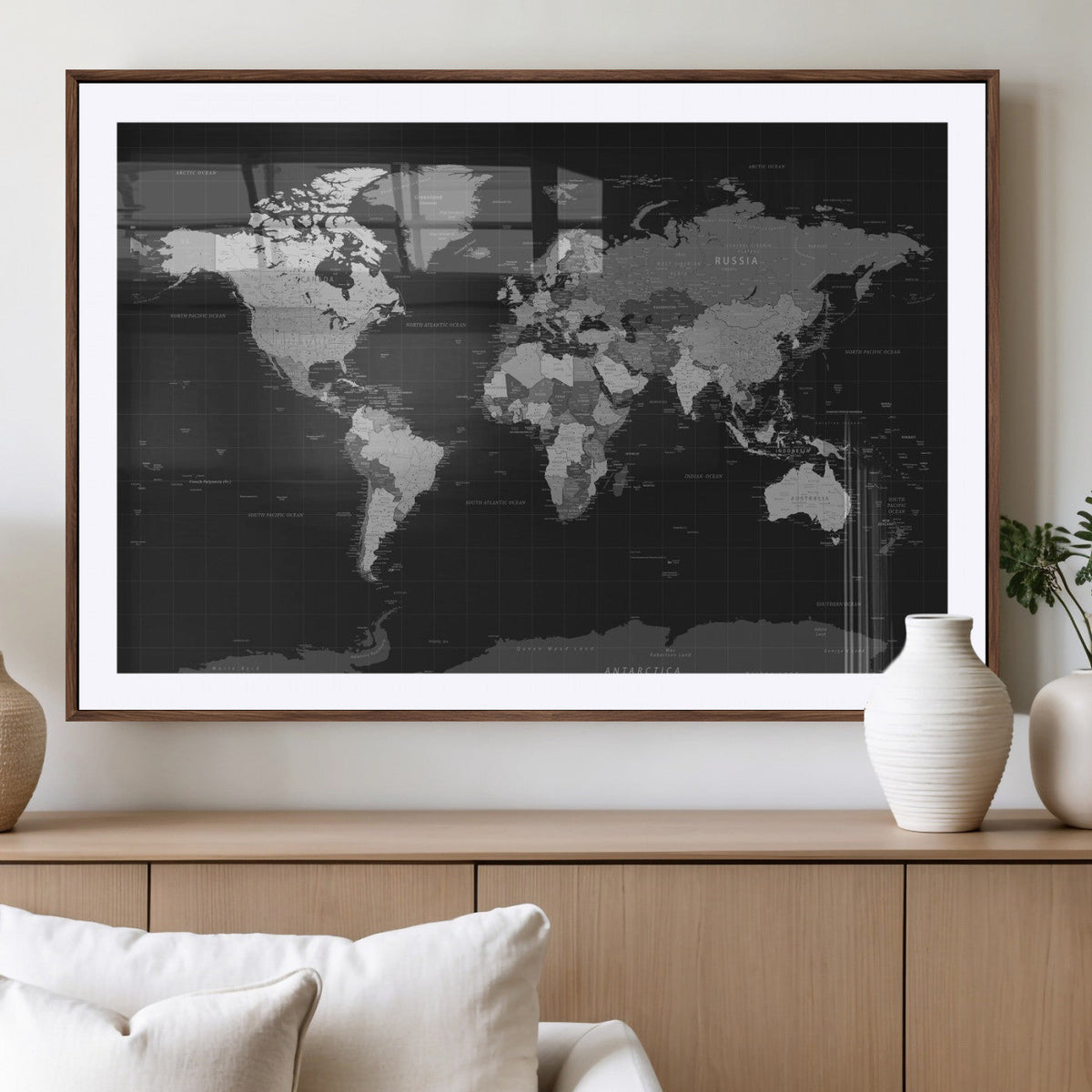 Black World Map Wall Art Canvas Print – Detailed Map of the