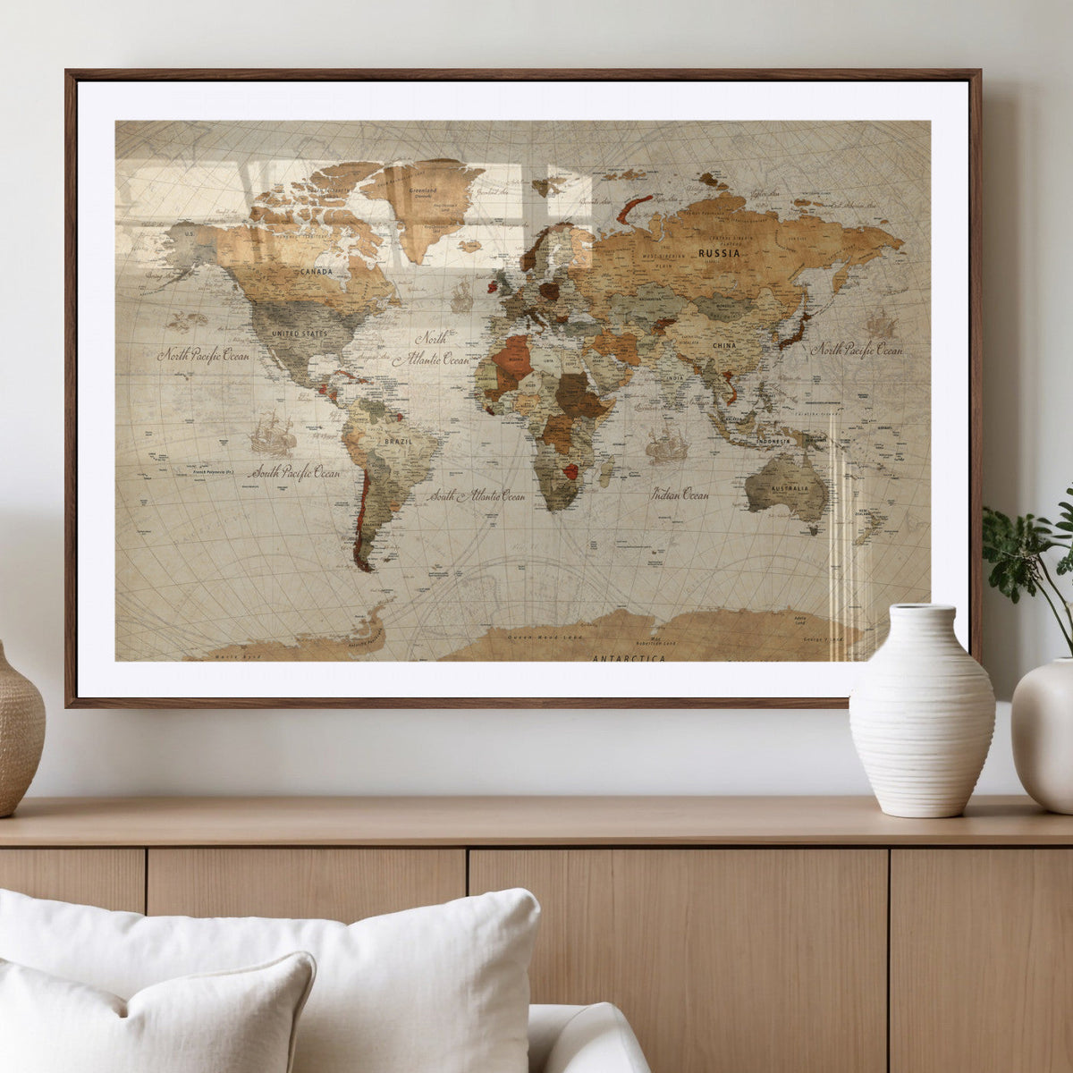 Rustic Vintage World Map Canvas Print – Framed Modern