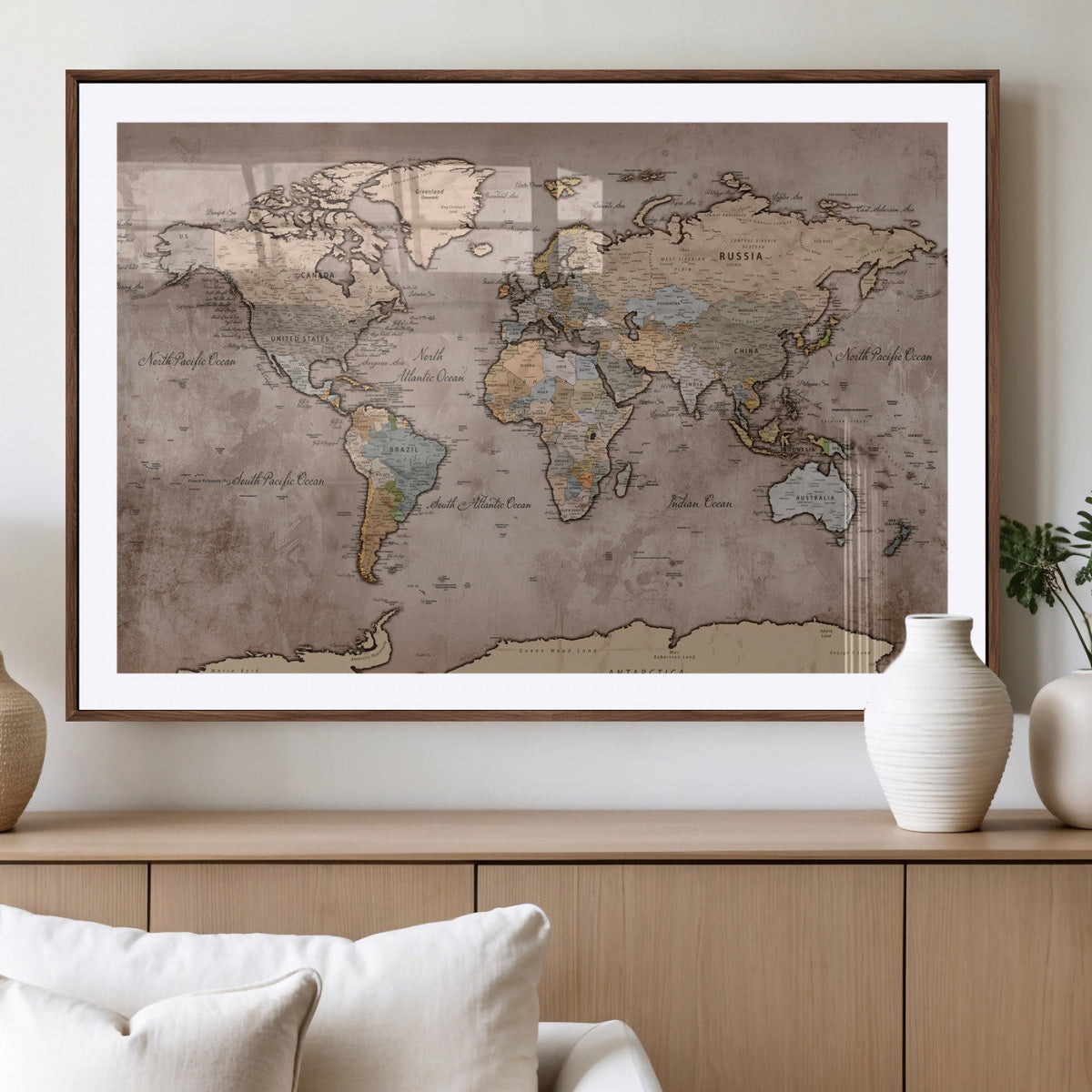 Grunge World Map Canvas Wall Art - Vintage Aged World Map