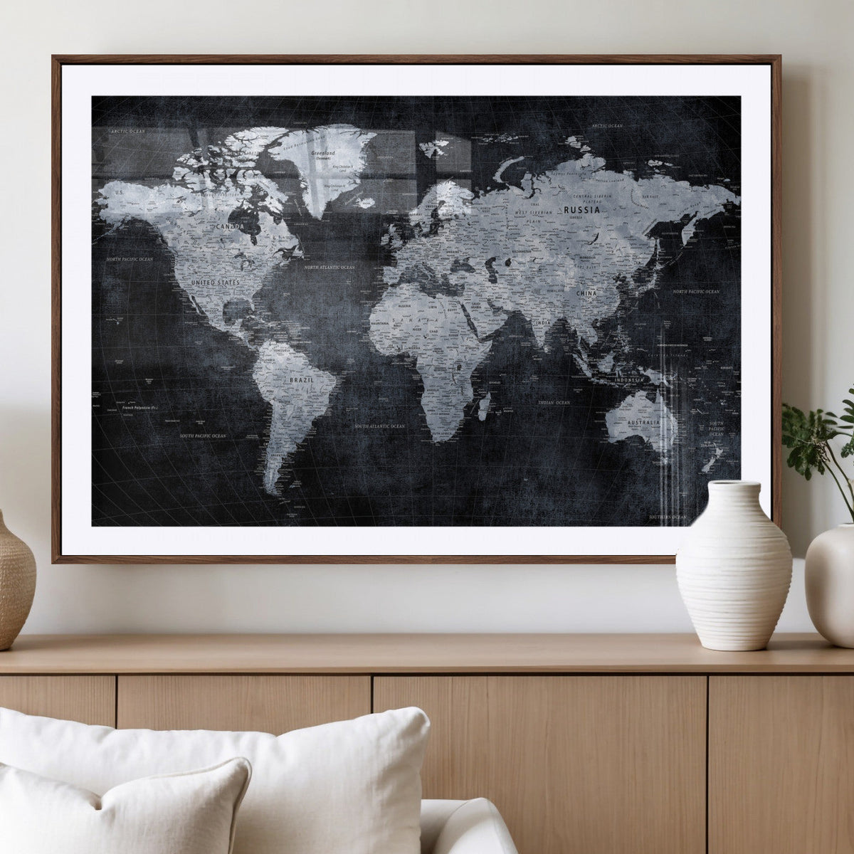 Black World Map Canvas Print – Detailed Map for Couples and