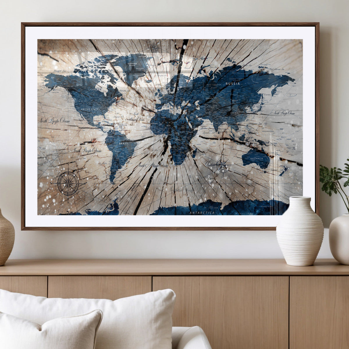 Rustic World Map Canvas Print – Framed Wall Art for Couples,
