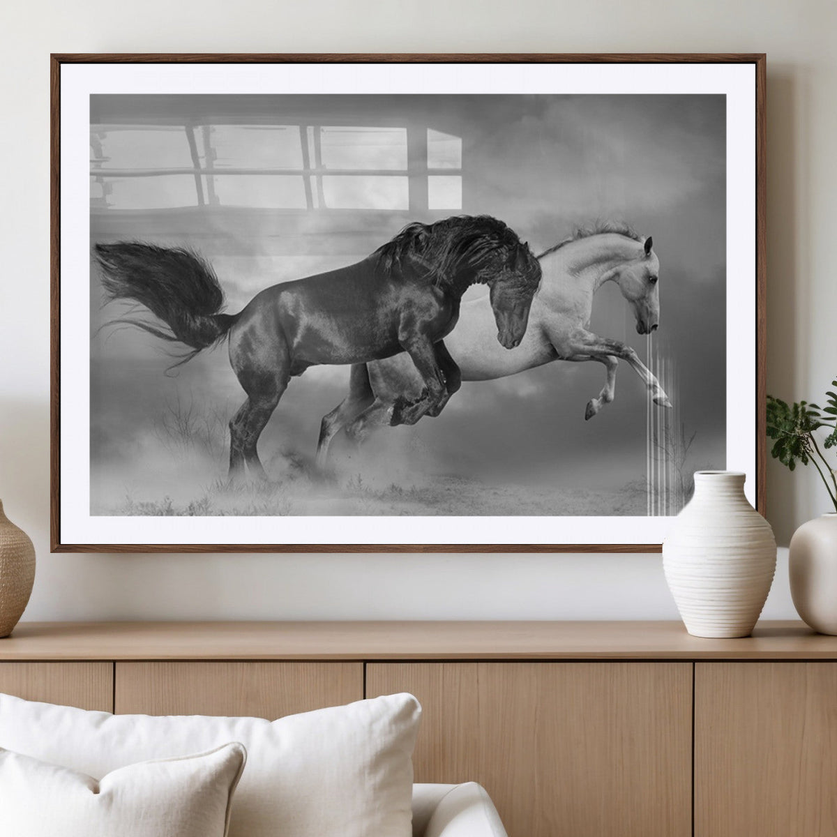 Wild Horses Wall Art Canvas Print – Framed Black and White