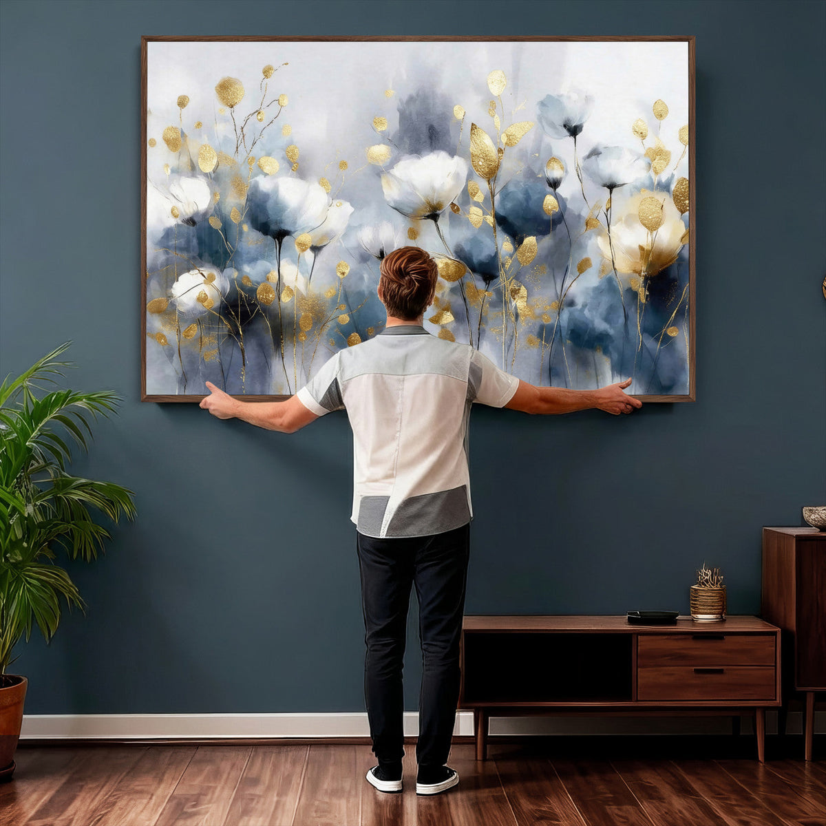 Large Abstract Flowers Wall Art Canvas Print – Gold and Blue
