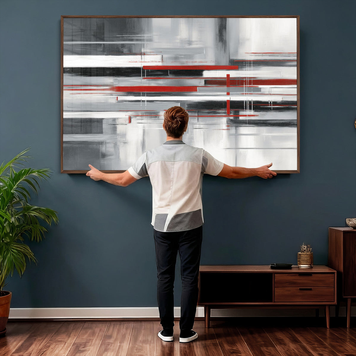 Gray Red Abstract Wall Art Canvas Print, Modern Abstract