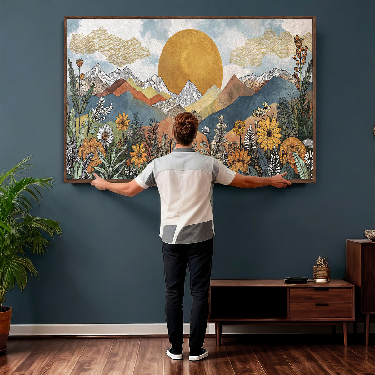 Boho Mountain Landscape Large Wall Art, Horizontal Gold