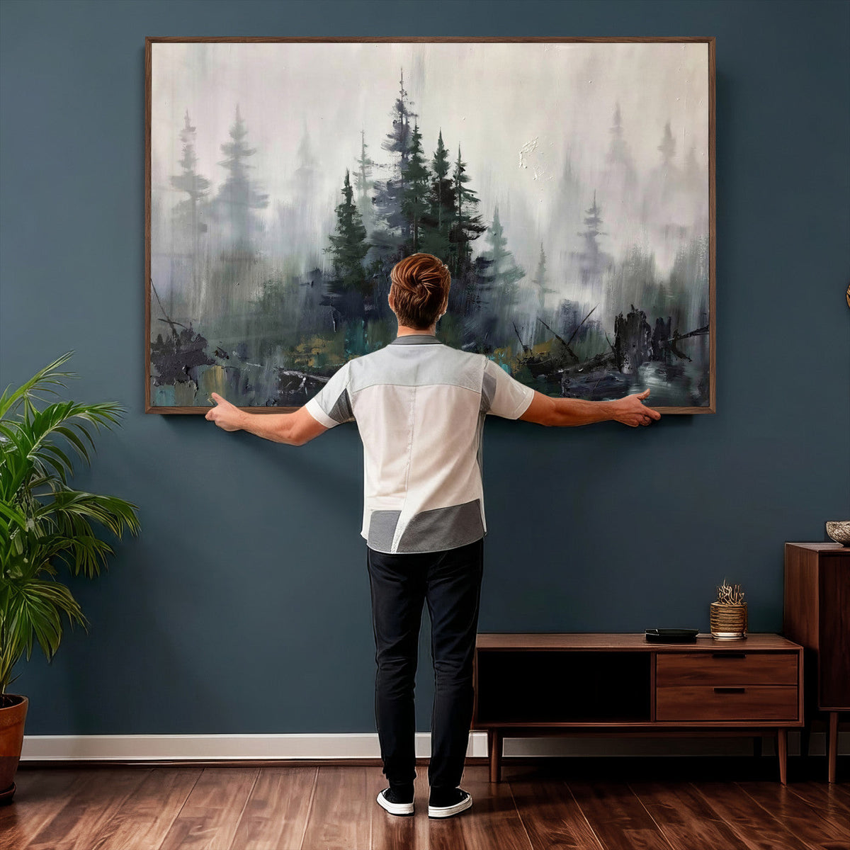Misty Pine Forest Oil Painting Canvas — Dark Moody Teal Grey