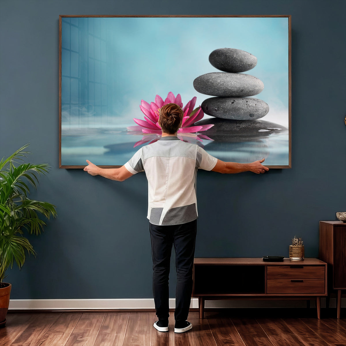 Zen Canvas Wall Art Lotus Flower Stacked Stones Teal Spa