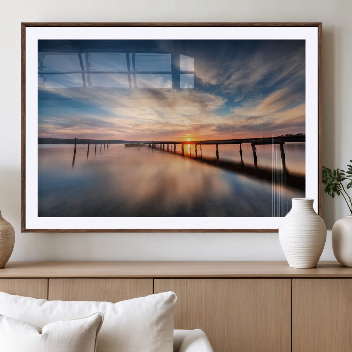 Wooden Pier on Seascape and Sunset Wall Art Canvas Print
