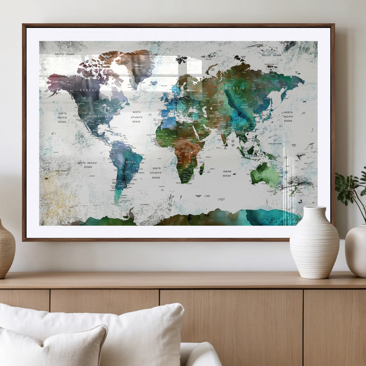Modern Watercolor World Map Canvas Wall Art – Framed
