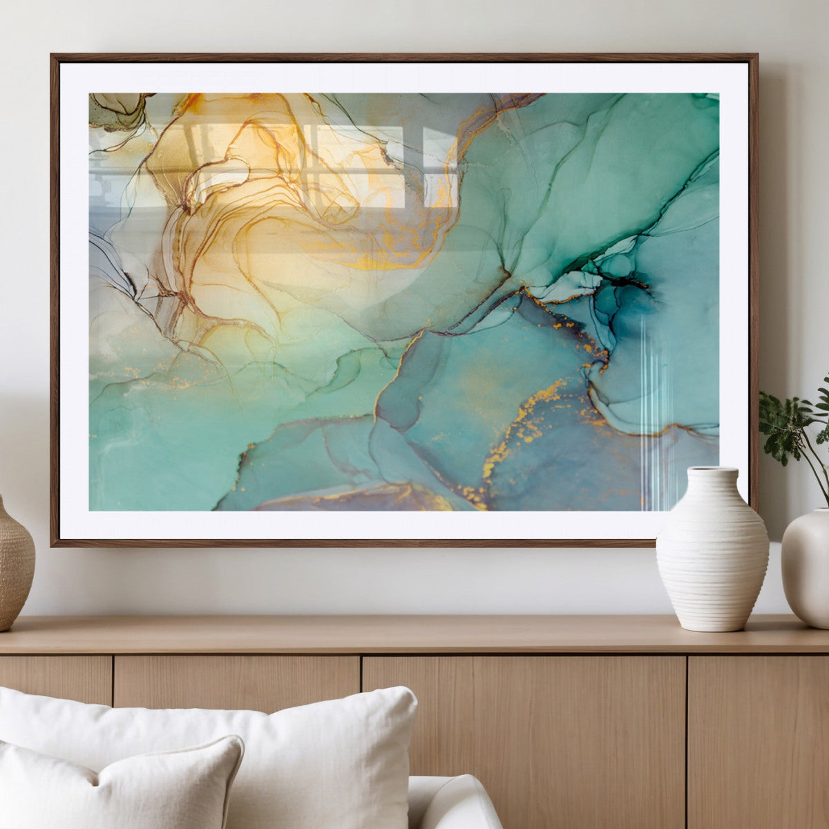 Abstract Aqua and Gold Fluid Wall Art Canvas | 3 Panel Large
