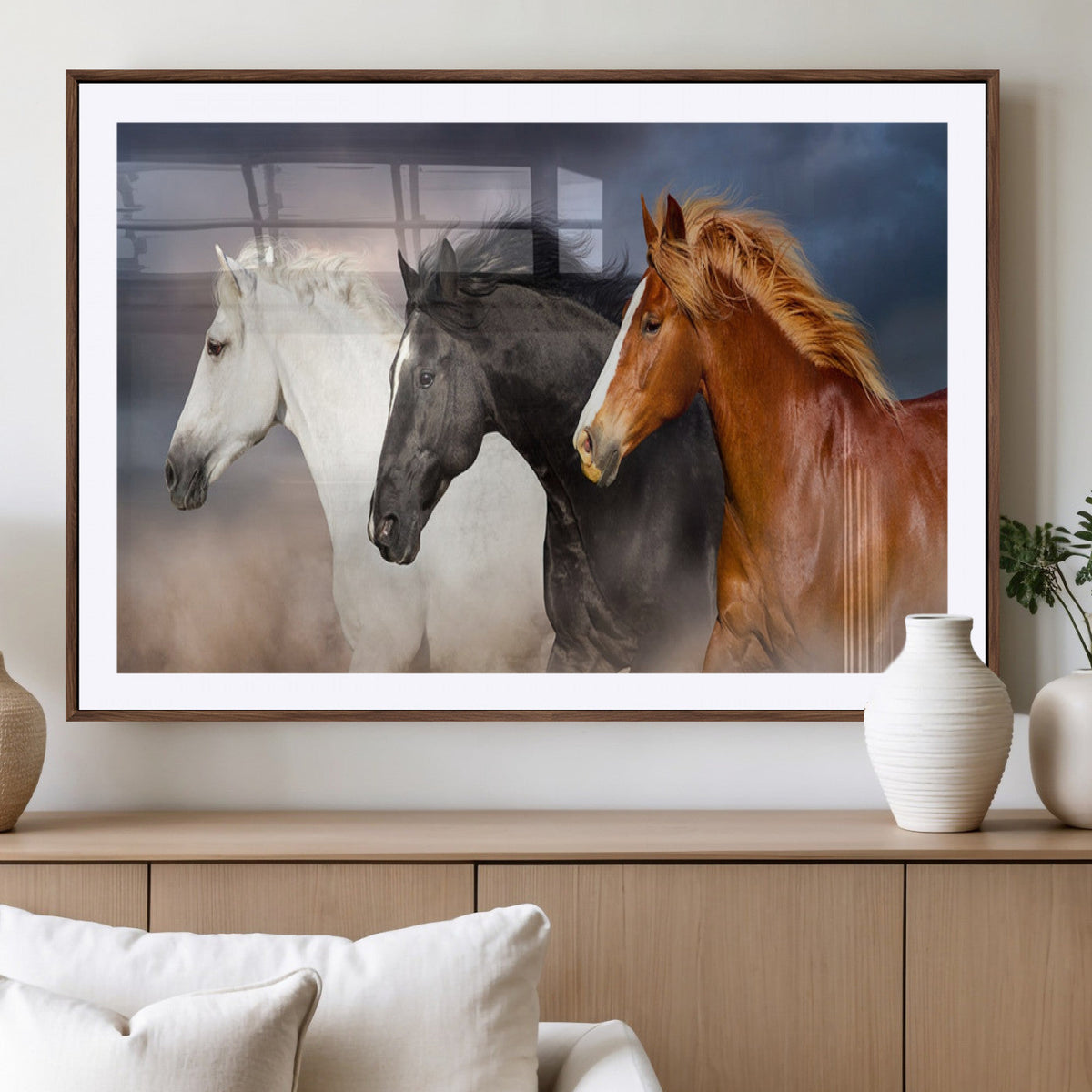 Animal Wall Art Three Horses Farmhouse Art Canvas, Framed