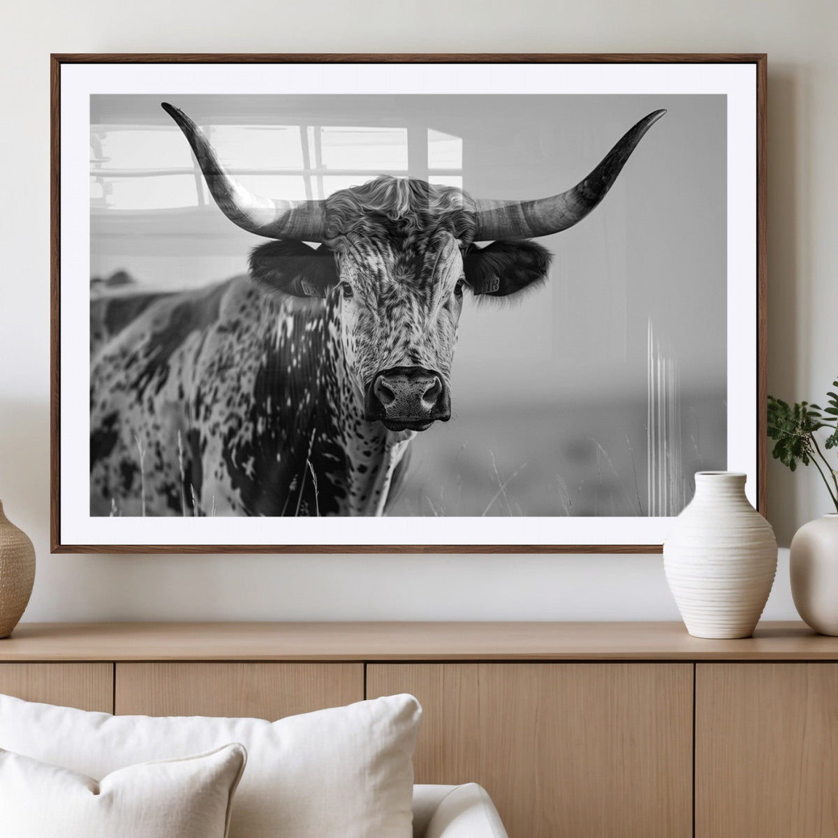 Texas Highland Cow Longhorn Canvas Print - Rustic Farmhouse