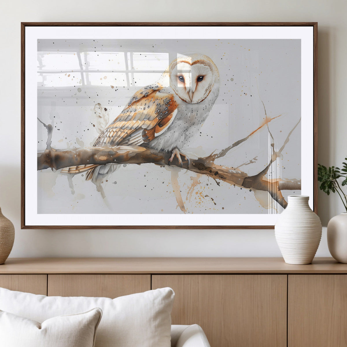 Barn Owl Wall Art on Branch | Stunning Canvas Print for