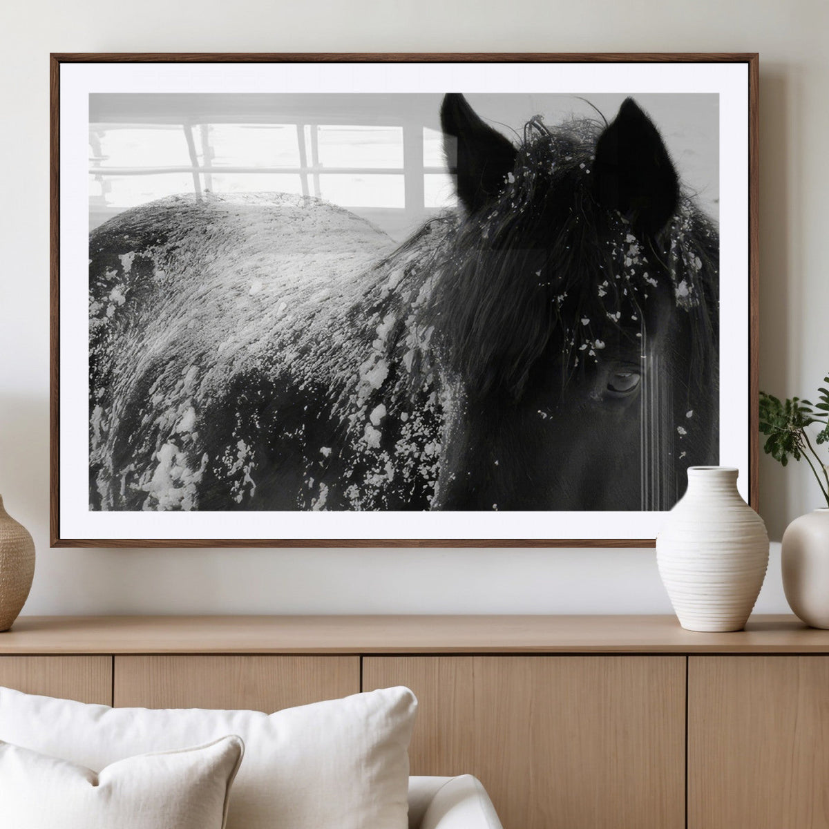 Black Horse in Snow Canvas Print | Winter Horse Wall Art |
