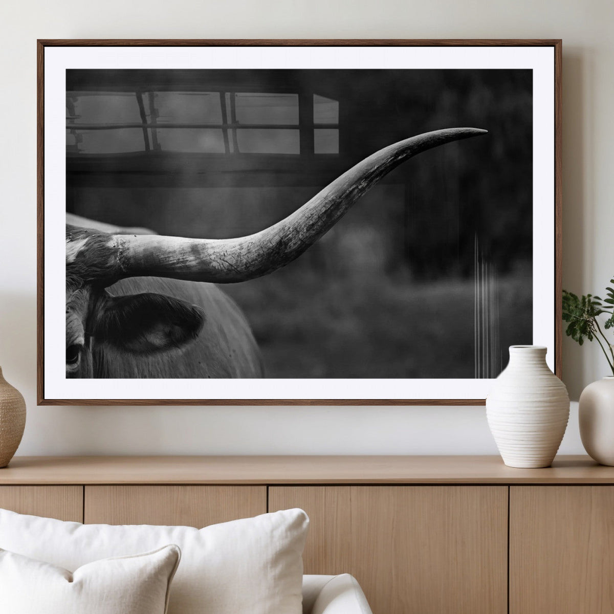 Cow Longhorn Wall Art | Black and White Print | Ready to