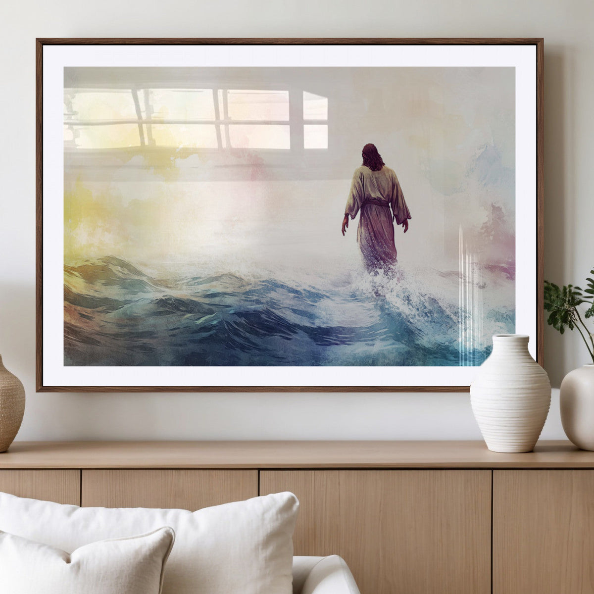 Watercolor Jesus Walking on Water Canvas Print, Christian