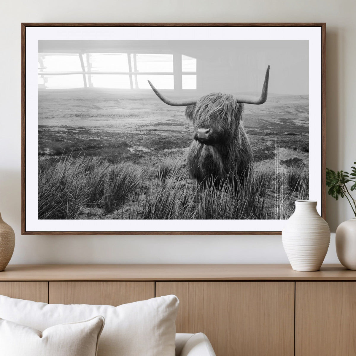 Scottish Highland Cow Wall Art | Black and White Canvas