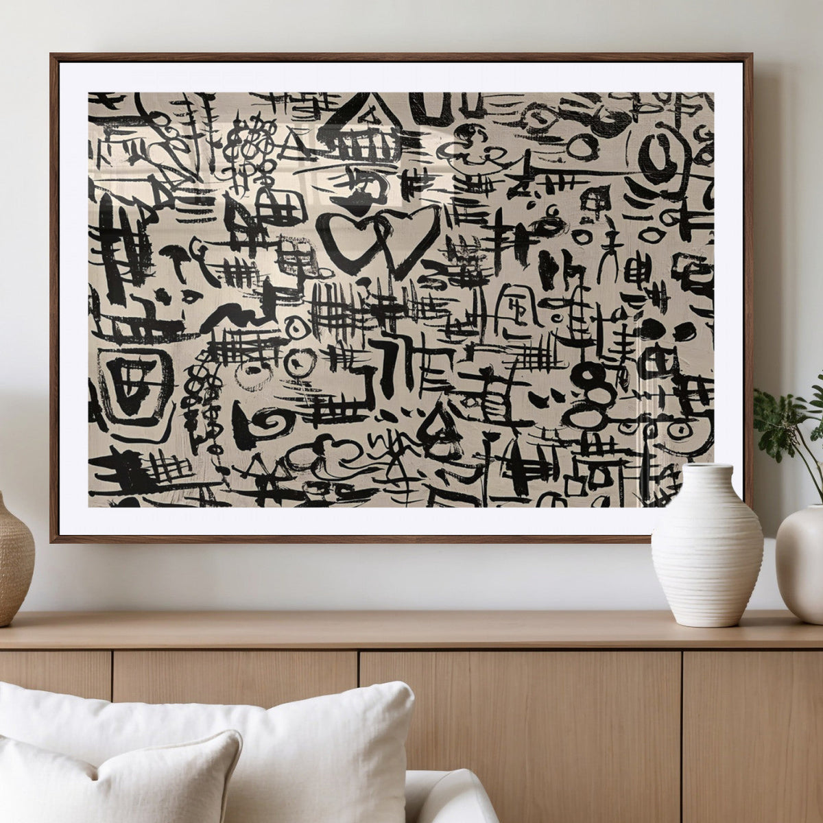 Abstract Love and Chaos Canvas Print, Black Symbols on Beige