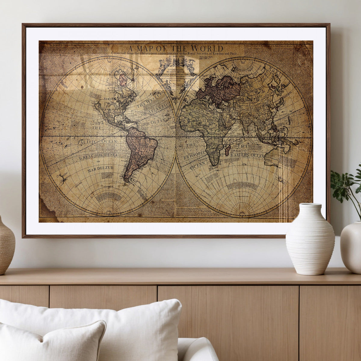 Vintage World Map Wall Art Canvas – Antique Style Push Pin