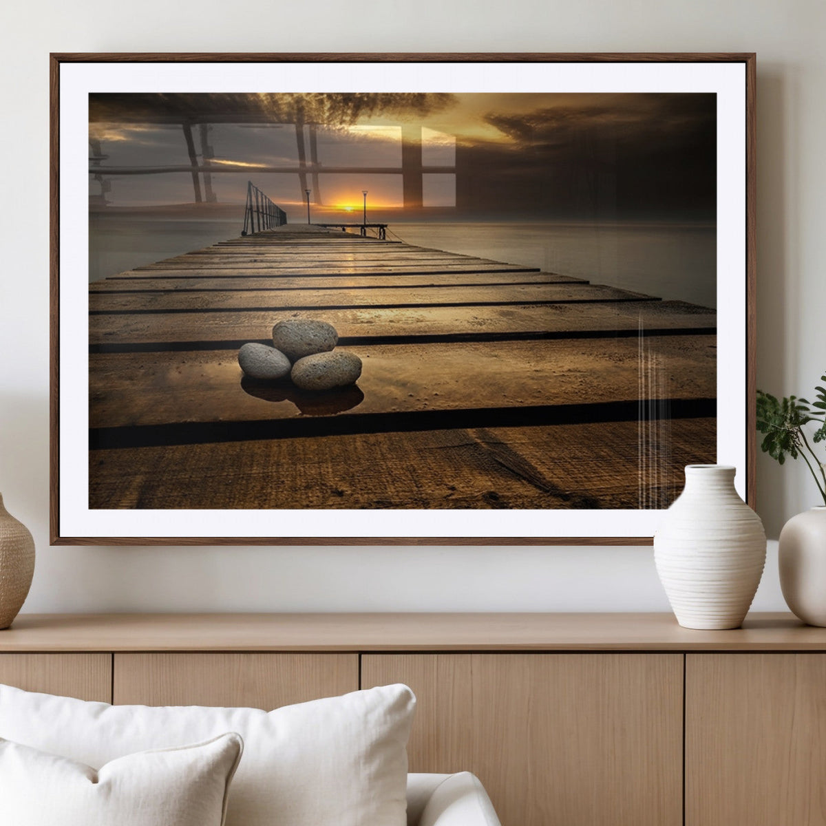 Stones on Wooden Pier at Sunset Canvas Print, Serene Coastal