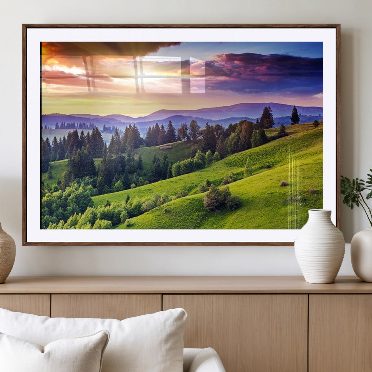 Green Hills and Sunset Wall Art Print - Scenic Landscape