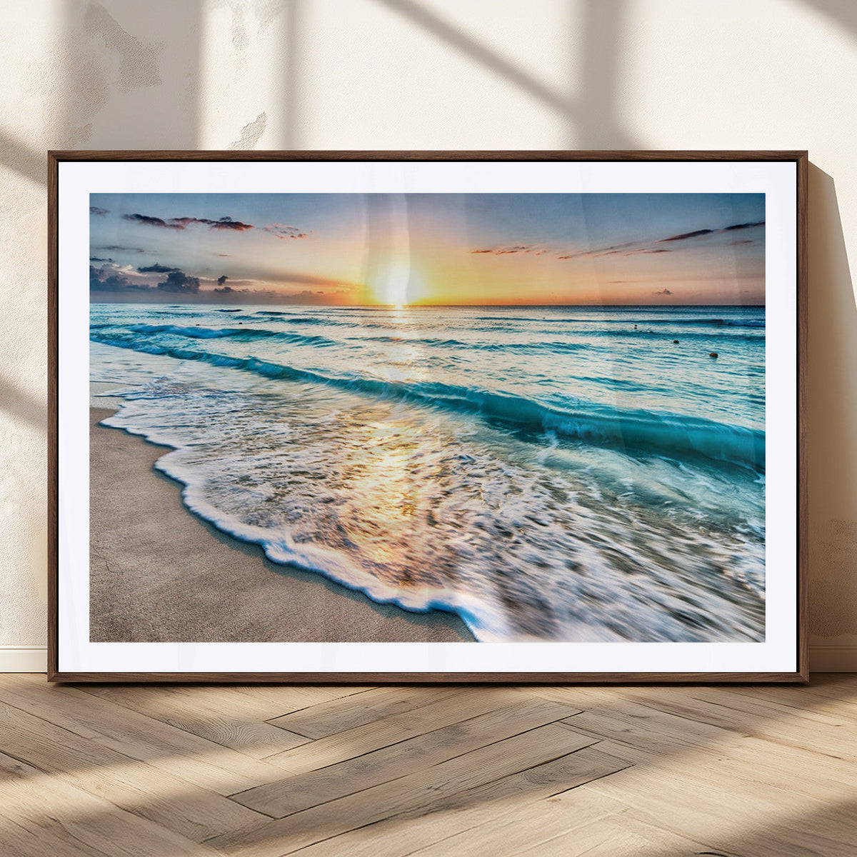 Sunset Beach Waves Canvas Wall Art – 5-Panel Ocean Sunset