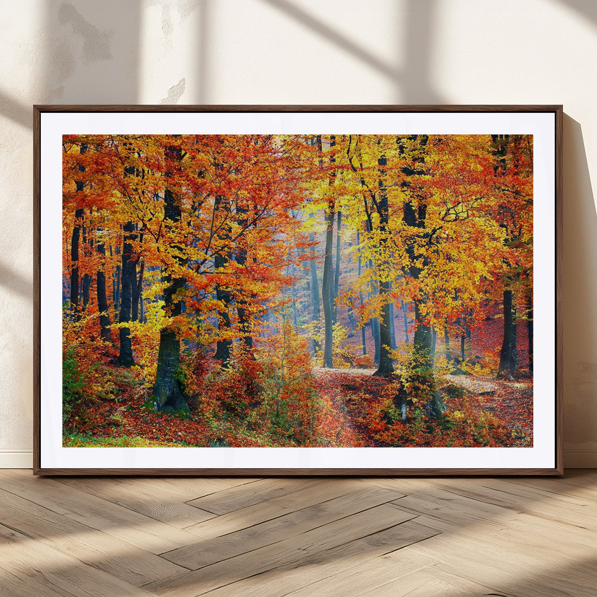 Autumn Red Forest Triptych Canvas Wall Art Print, Forest