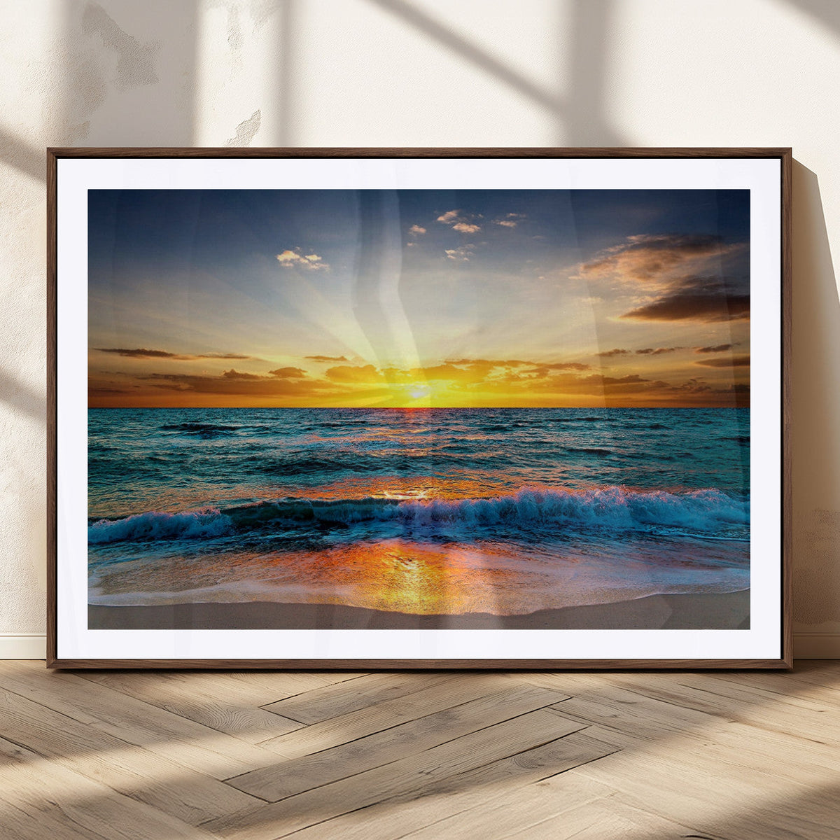 Vibrant Ocean Sunrise Over Golden Beach Waves, Giclee Canvas