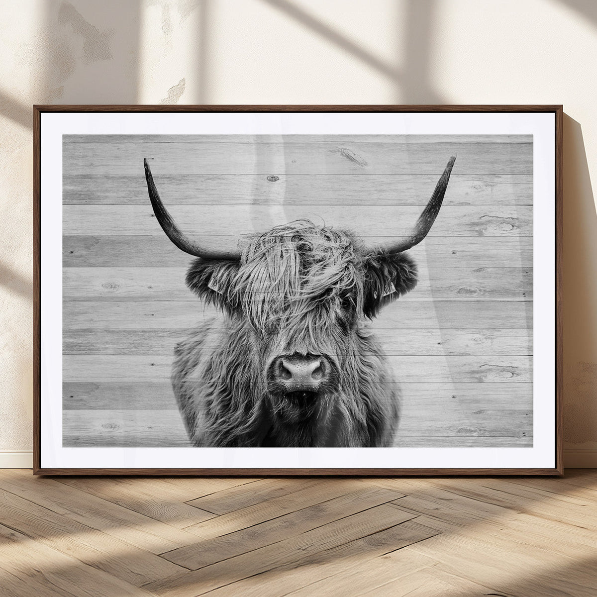 Scottish Highland Cow Cattle Art Print on Wood Background