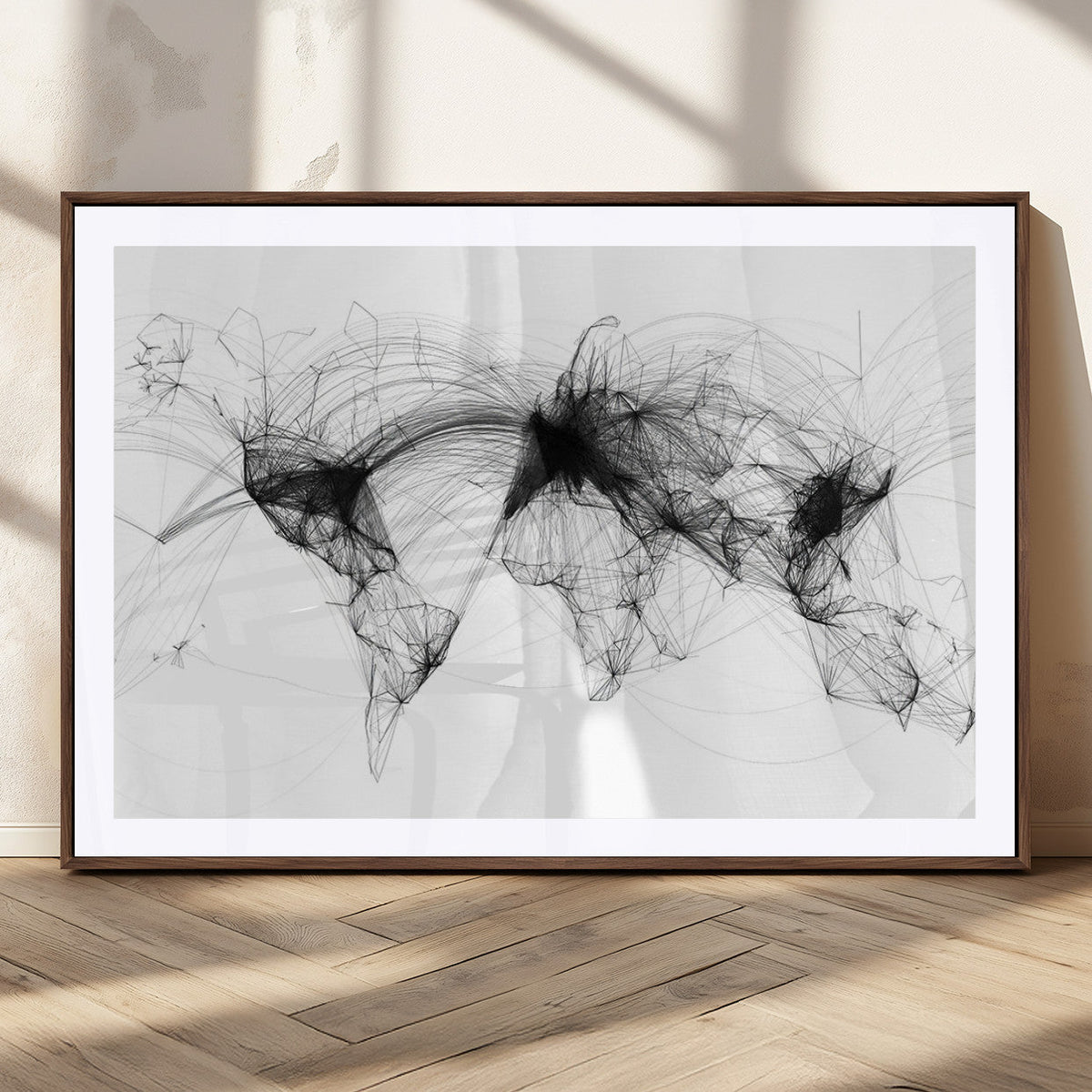 Abstract World Map Wall Art – Framed Geometric Line Canvas