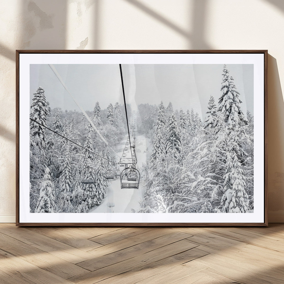 Snowy Ski Lift Wall Art – Framed Winter Mountain Canvas